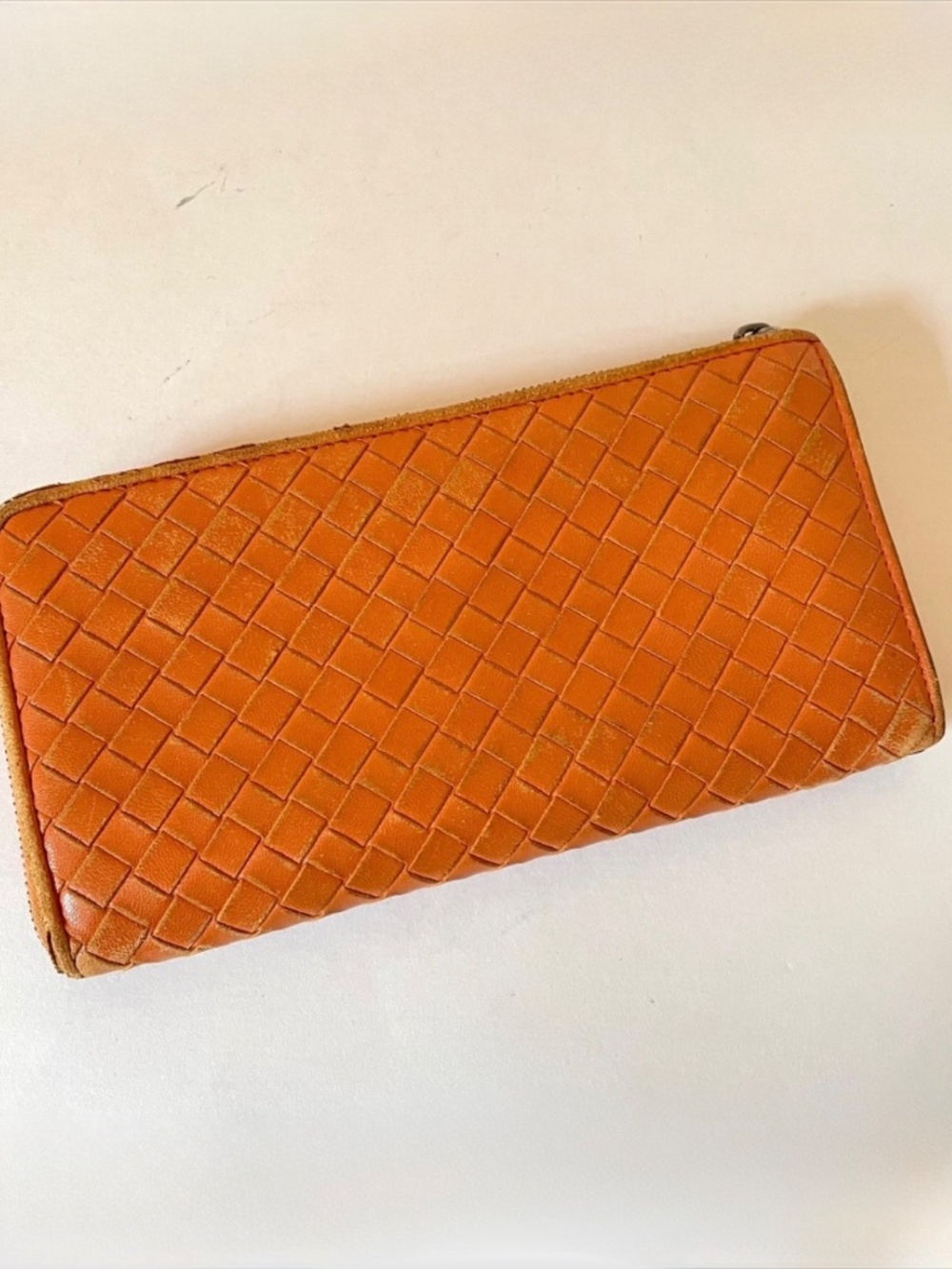Bottega Veneta Intrecciato Orange Corner Zip Wallet Leather